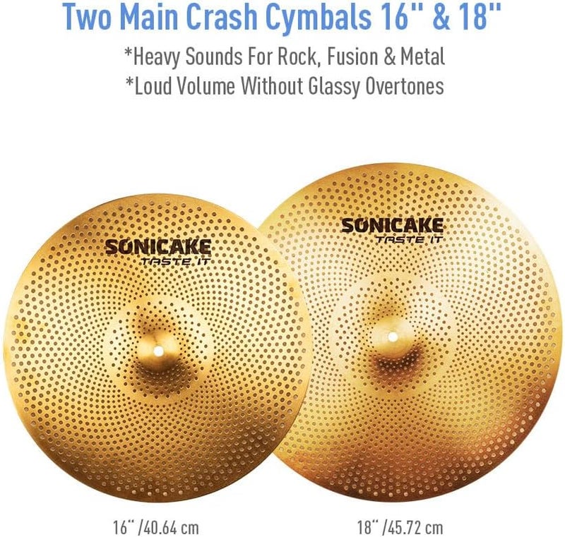 SONICAKE Low Volume Cymbal Pack Quiet Cymbal Set 14"Hi-hats+16"Crash+18"Crash+20"Ride 5 Pcs Mute Drum Cymbal Set with Bag and Felts for Practice, Golden - Image 4